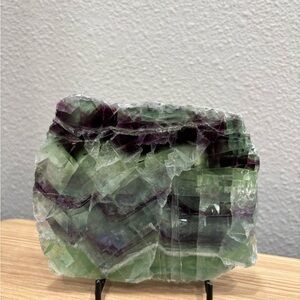 Green and white fluorite crystal slab. $85